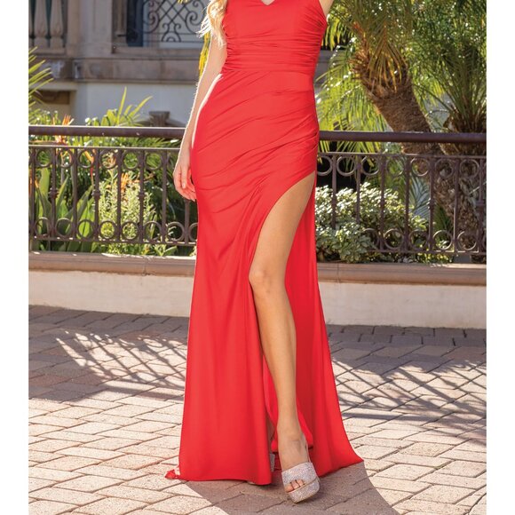 New Long Sheath Sleeveless Ruched Graduation Dress w/ Leg Slit & V-Neck DQ 4288 - Picture 9 of 9